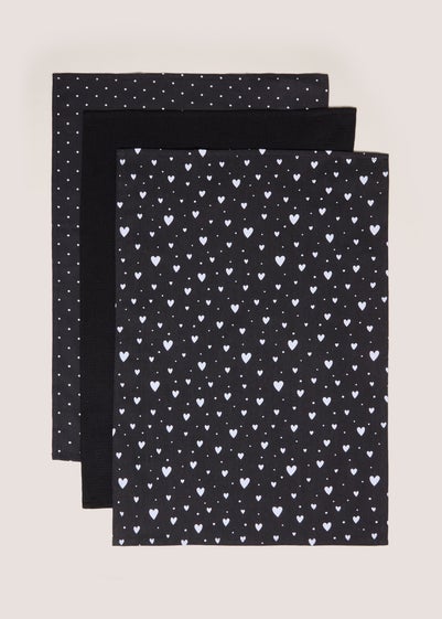 Black 3 Pack Mono Heart Print Tea Towel