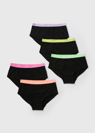 5 Pack Girls Black Neon Tape Hipster Briefs (6-13yrs)