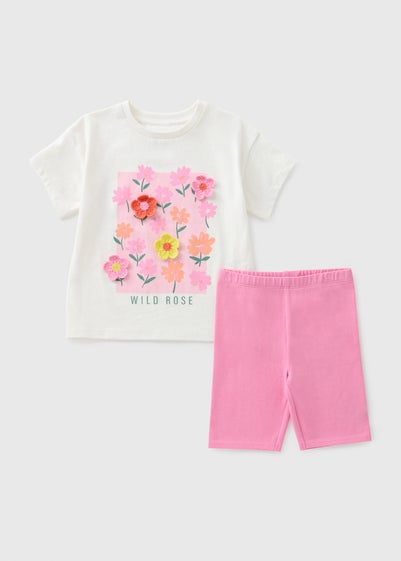 Girls Pink Crochet Flower T-Shirt & Shorts Set (1-7yrs)