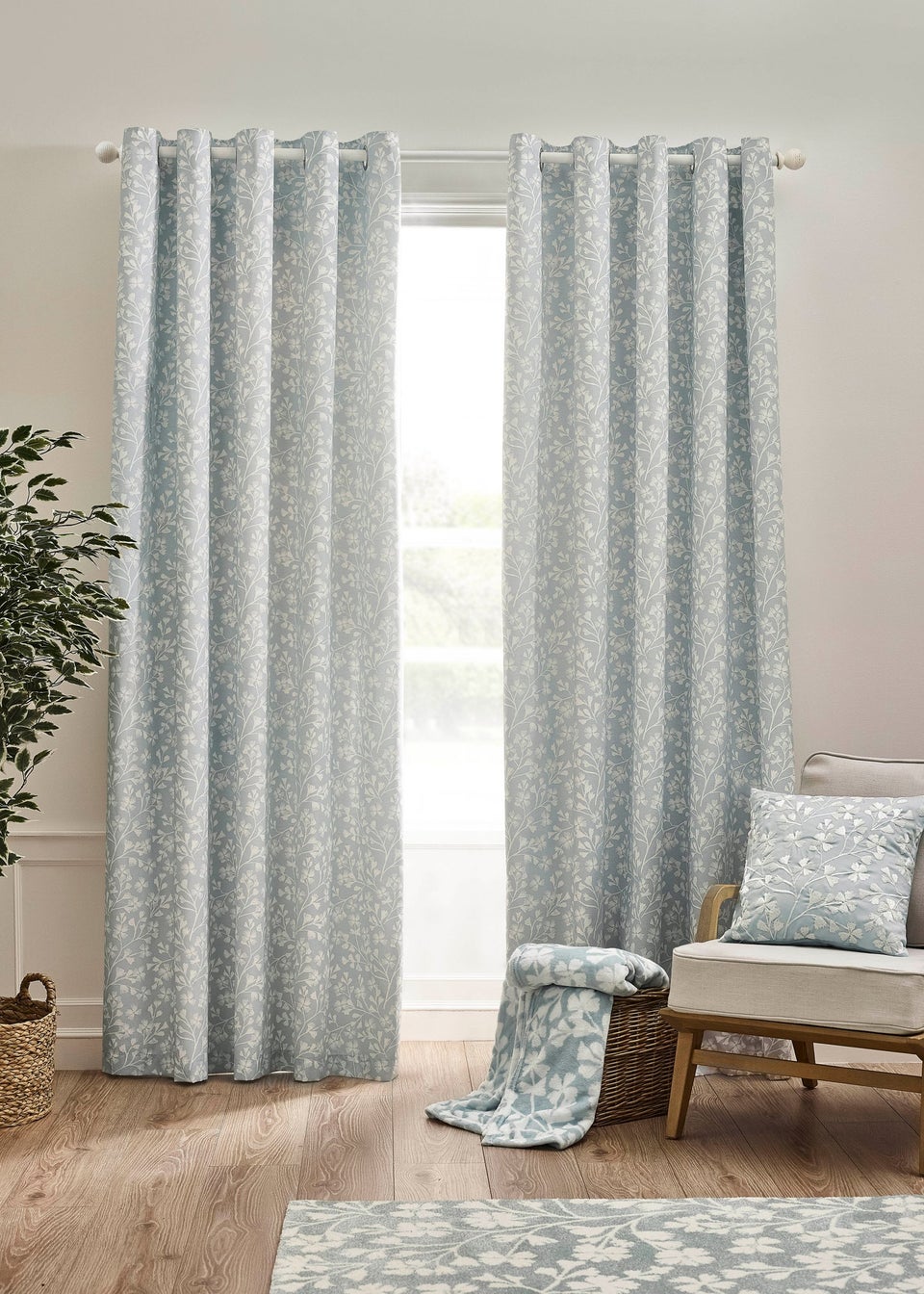 Catherine Lansfield Brooke Floral 66x54 Inch Lined Eyelet Curtains Duck egg Blue
