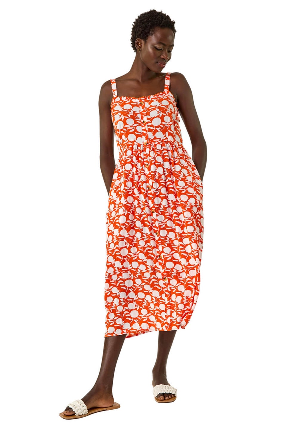 Roman Orange Fruit Print Midi Sundress