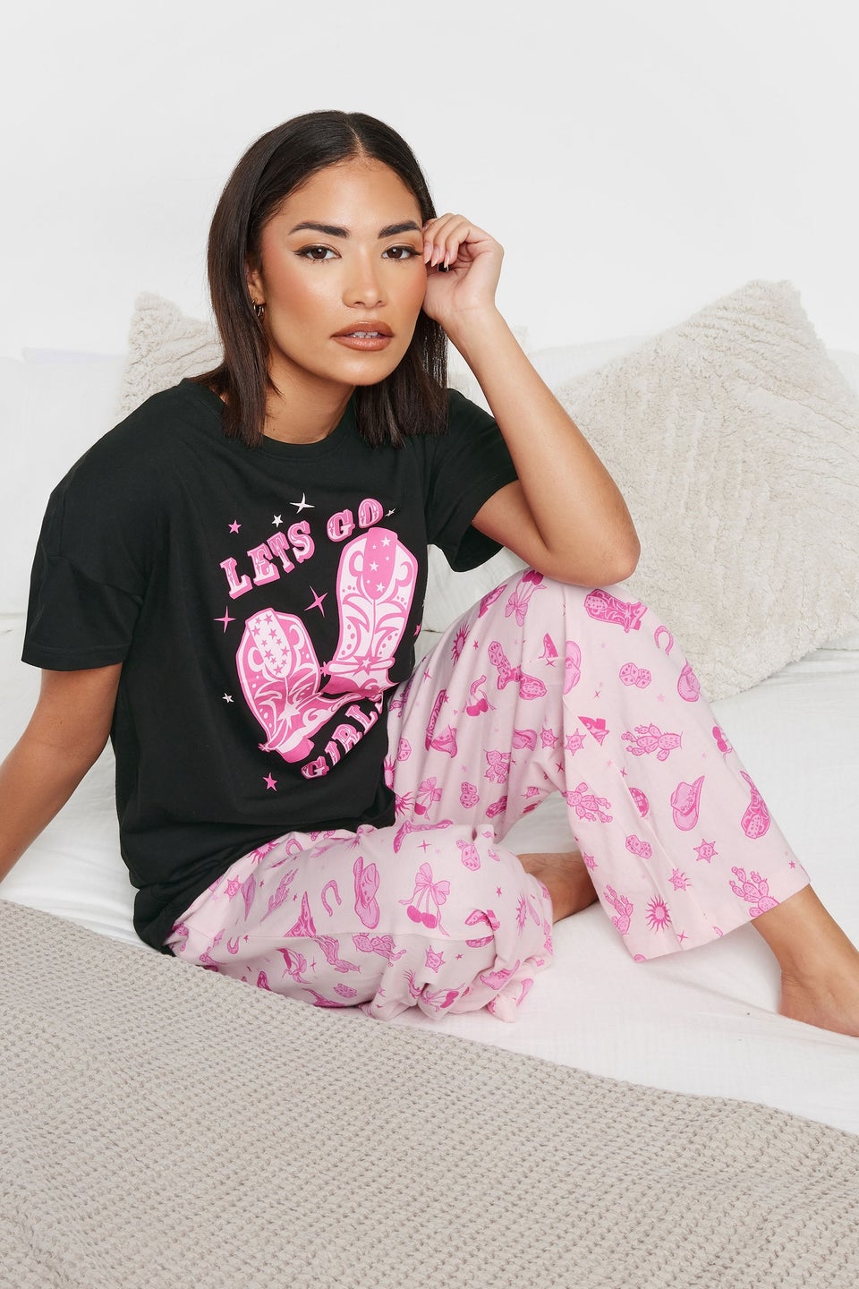 Pixiegirl Hot Pink 'Let's Go Girls' Cowboy Slogan Pyjama Set