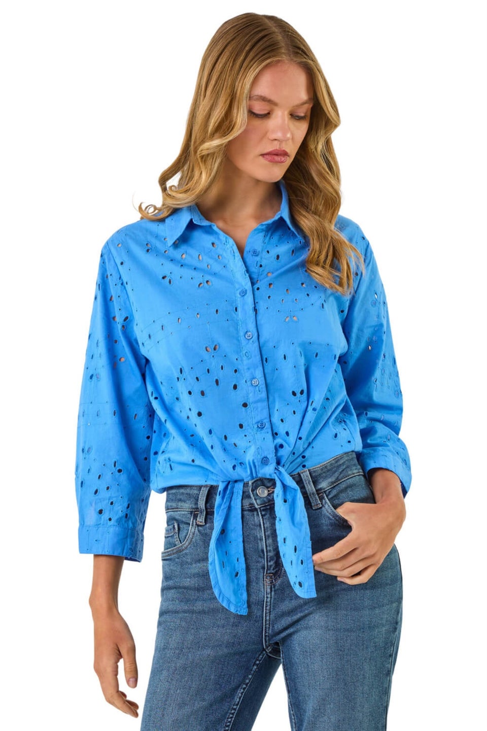 Roman Blue Broderie Tie Hem Shirt